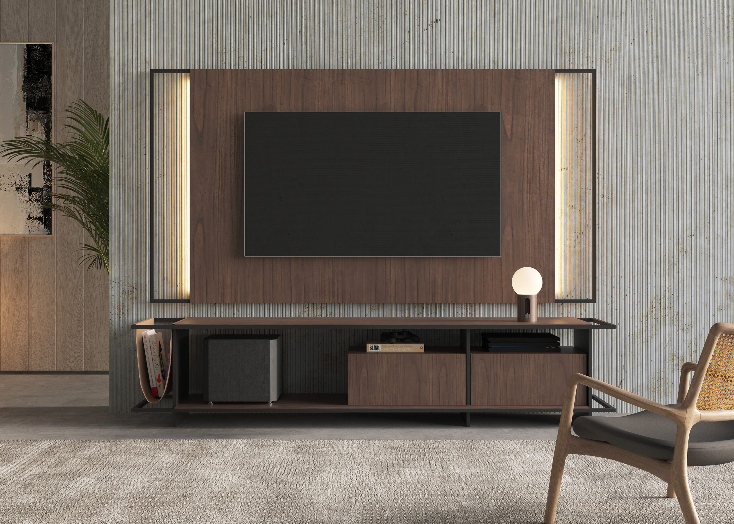 Rack e painel planejados sob medida - projeto Riveza Interiores